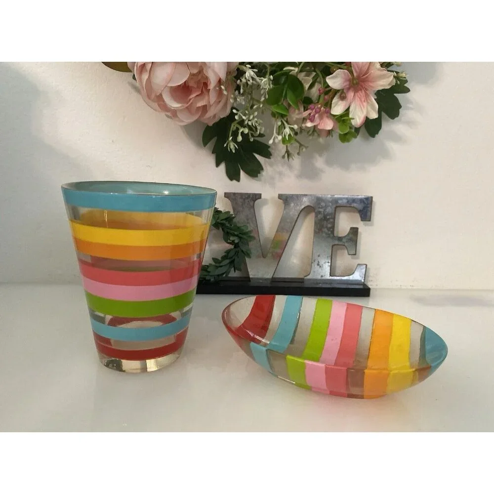Vintage 1970s Retro Acrylic Rainbow Bathroom Accessory Set Tumbler Soap Dish GUC